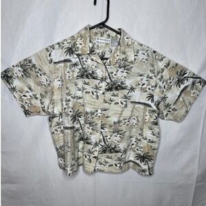 Dressbarn Woman Linen Cotton Tropical Palm Tree Button Front Shirt Tan Green 2X